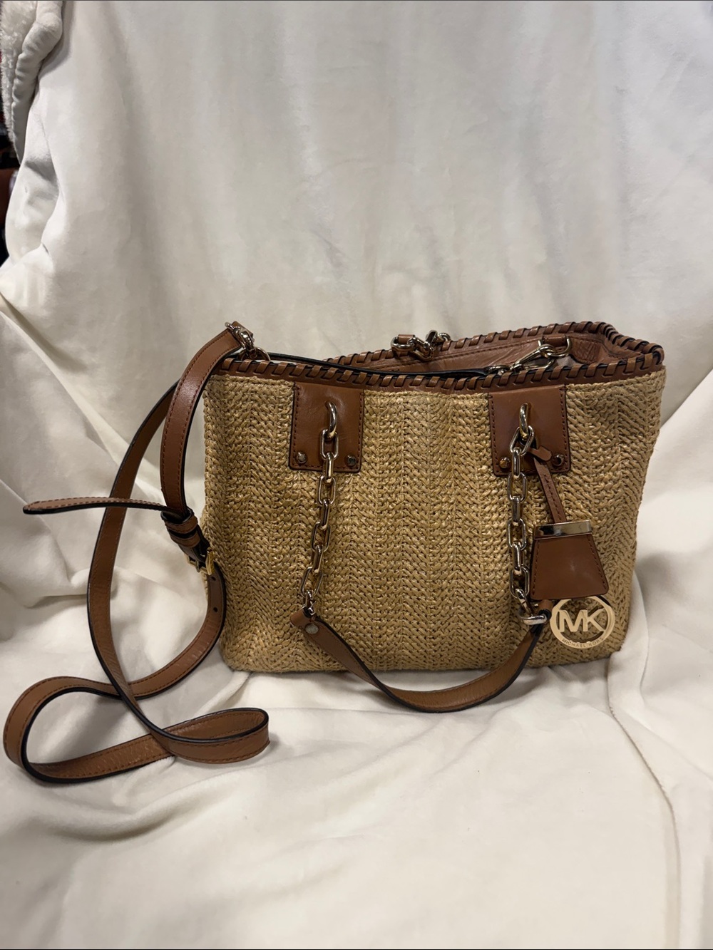 Michael Kors Natural Straw Tote with Brown Leather Trim